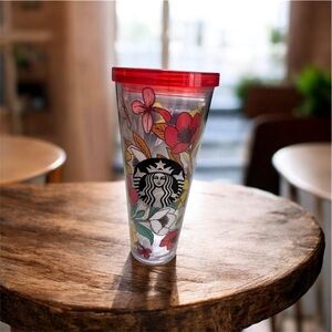 Starbucks Clear Tumbler with Red Floral Design